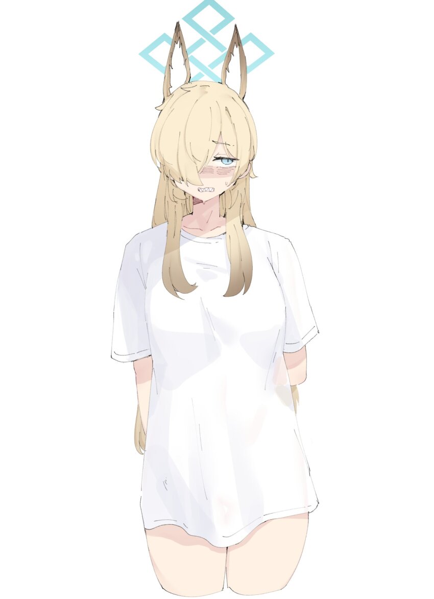 1girl animal_ear_fluff animal_ears arms_behind_back blonde_hair blue_archive blue_eyes blush clenched_teeth cropped_legs dog_ears extra_ears gurenola hair_over_one_eye halo highres hug kanna_(blue_archive) long_hair looking_to_the_side oversized_clothes oversized_shirt shirt short_sleeves sidelocks simple_background solo standing teeth white_background