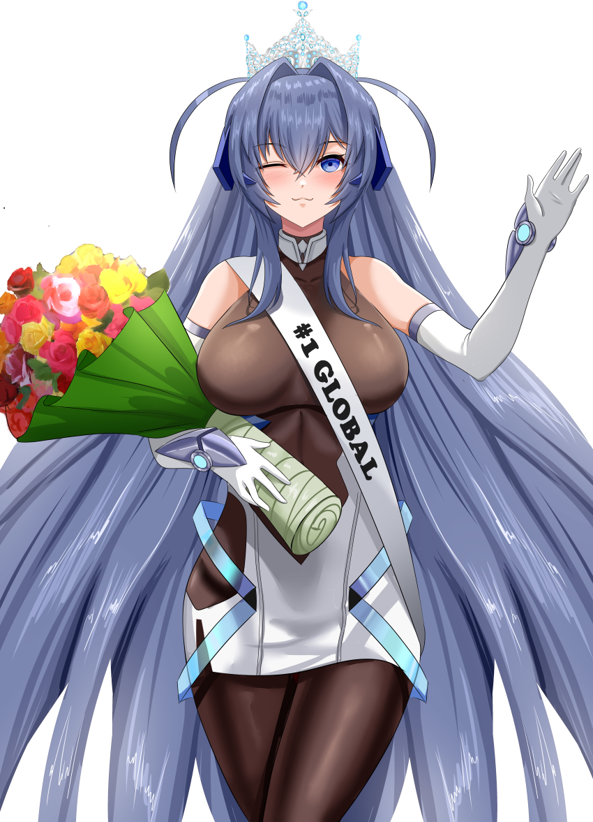 1girl ;3 absurdres ahoge arm_support azur_lane bare_shoulders blue_eyes blue_hair blush bodystocking bouquet breasts clothing_cutout commentary commission covered_collarbone cowboy_shot crown dress elbow_gloves english_commentary flower gloves hair_between_eyes hair_intakes headgear highres holding holding_bouquet large_breasts long_hair looking_at_viewer new_jersey_(azur_lane) one_eye_closed sash second-party_source side_cutout sidelocks simple_background smile solo standing toy_bits vambraces very_long_hair white_background white_dress white_gloves