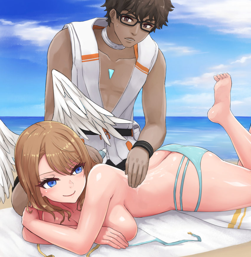 1boy 1girl angoha applying_sunscreen ass barefoot beach beach_towel blue_eyes breasts brown_eyes butt_crack chest_jewel dark-skinned_male dark_skin eunie_(xenoblade) foot_up head_wings highres large_breasts lotion lying official_alternate_costume on_stomach smile sunscreen swimsuit taion_(xenoblade) towel untied_bikini_top white_wings wings xenoblade_chronicles_(series) xenoblade_chronicles_3