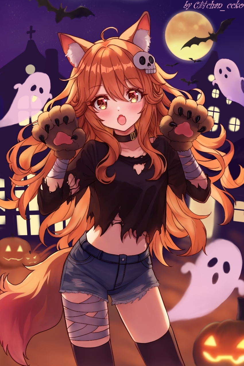 1girl :o absurdres animal_ears animal_hands bandaged_arm bandaged_leg bandages bat_(animal) black_shirt black_thighhighs c_fuu-chan_ccko claw_pose claws collar cropped_shirt denim denim_shorts fangs full_moon ghost gloves hair_ornament halloween highres jack-o&#039;-lantern midriff moon navel night open_mouth orange_hair original paw_gloves shirt shorts skin_fangs skull_hair_ornament tail thighhighs torn_clothes torn_shirt torn_sleeves wolf_ears wolf_girl wolf_tail yellow_eyes