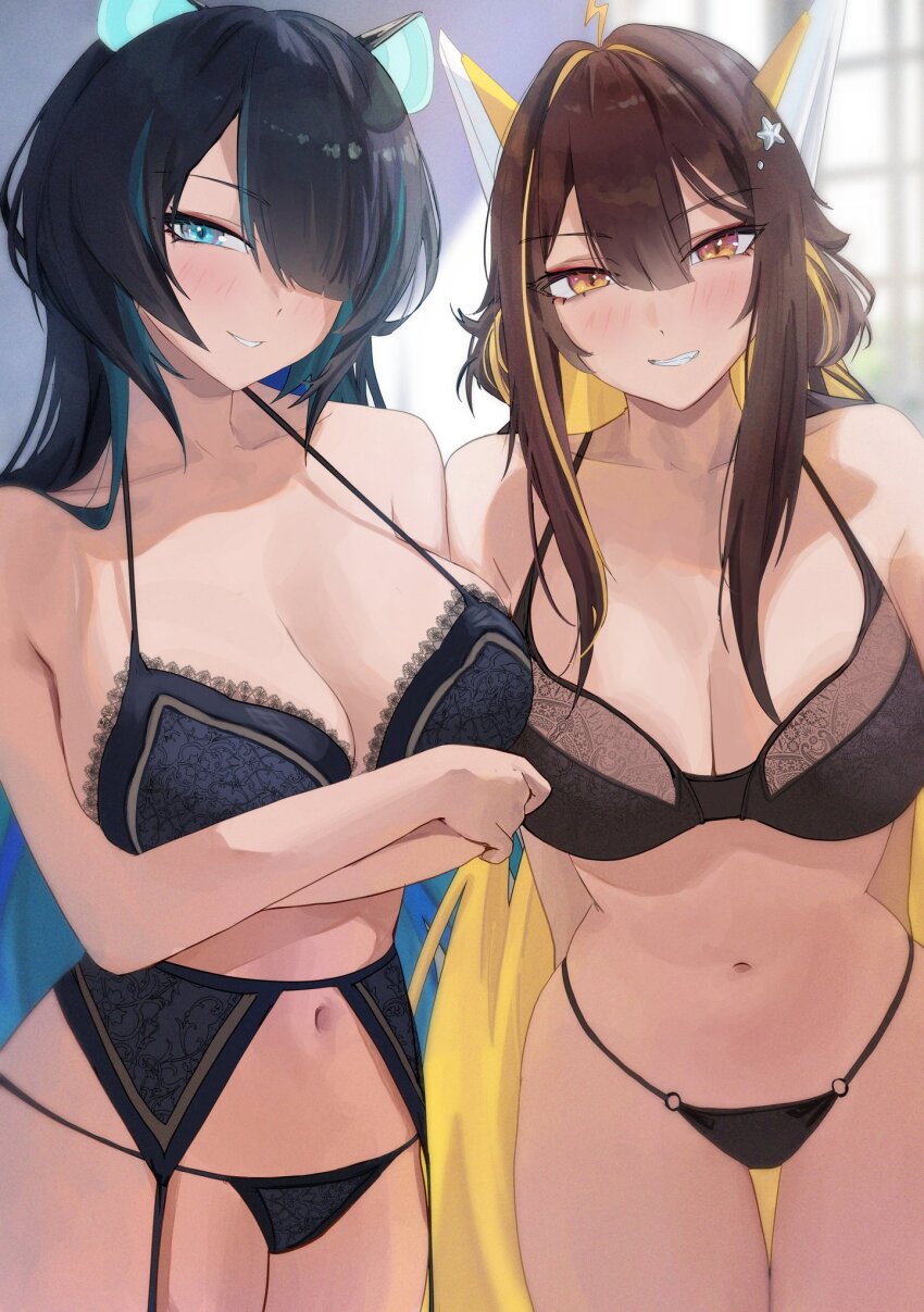 animal_ears black_bra black_hair black_panties blonde_hair blue_bra blue_eyes blue_hair blue_panties bra breasts brown_hair cleavage commentary commission crossed_arms eel_girl english_commentary erina_makina garter_belt hair_over_one_eye highres juna_unagi lace lace-trimmed_bra lace_trim large_breasts lingerie long_hair looking_at_viewer multicolored_hair o-ring o-ring_bottom o-ring_panties panties phase_connect second-party_source smile streaked_hair tiger_ears tiger_girl two-tone_hair underwear underwear_only virtual_youtuber yellow_eyes yoellim5