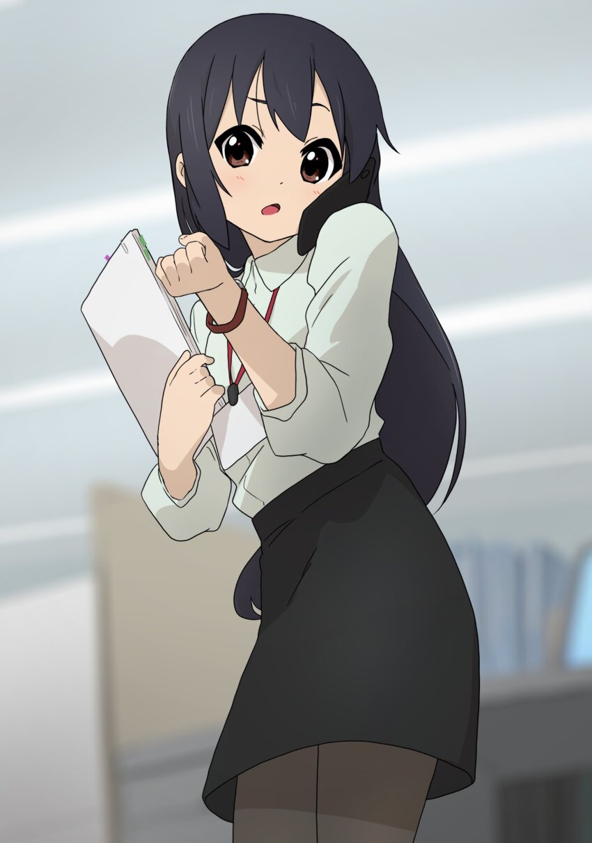 1girl absurdres aged_up alternate_hairstyle black_pantyhose black_skirt brown_eyes cellphone cowboy_shot from_below green_shirt hair_down highres holding holding_paper k-on! kicchi_(tmgk) long_hair long_sleeves looking_at_watch nakano_azusa office office_lady open_mouth pantyhose paper paper_stack pencil_skirt phone shirt shirt_tucked_in skirt solo talking_on_phone watch wristwatch