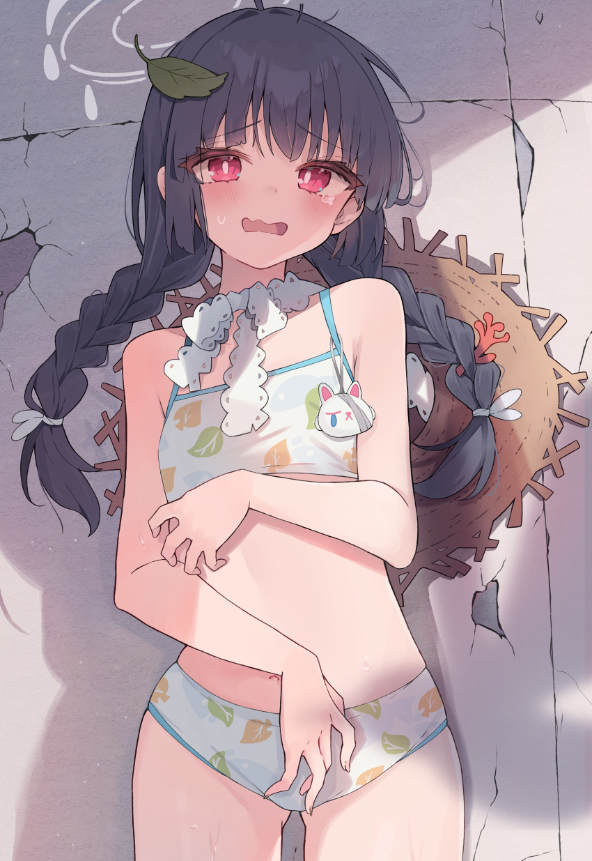 1girl absurdres arm_under_breasts bare_arms bare_shoulders bikini black_hair blue_archive blush braid bright_pupils commentary_request cowboy_shot eyes_visible_through_hair flat_chest hair_ribbon hat highres leaf leaf_on_head leaf_print long_hair looking_at_viewer low_twintails miyu_(blue_archive) miyu_(swimsuit)_(blue_archive) nervous official_alternate_costume official_alternate_hairstyle open_mouth print_bikini red_eyes ribbon sidelighting solo sonoji straw_hat sweatdrop swimsuit tsurime twin_braids twintails unworn_hat unworn_headwear wavy_mouth white_bikini white_pupils white_ribbon