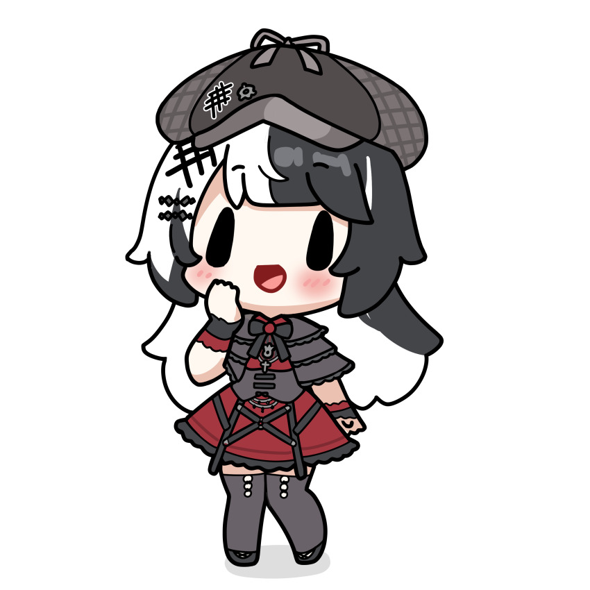 1girl absurdres black_capelet black_hair black_hat black_ribbon capelet chibi chibi_only deerstalker dress frilled_capelet frills grey_thighhighs hair_ornament hand_up hat highres hololive hololive_english multicolored_hair open_mouth red_dress ribbon shiori_novella shiori_novella_(3rd_costume) simple_background snowmya solo split-color_hair thighhighs two-tone_hair virtual_youtuber white_background white_hair