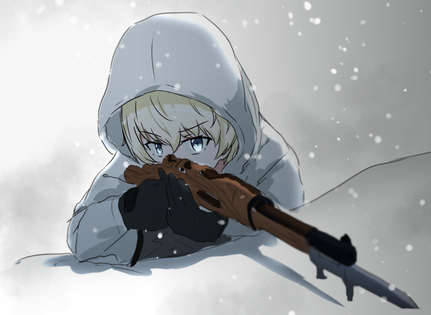 1girl aiming bad_id bad_pixiv_id bayonet black_gloves blue_eyes bolt_action coat commentary_request female_focus girls_und_panzer gloves gun holding holding_gun holding_weapon hood hood_up hooded_coat kiroshi korean_commentary long_sleeves looking_at_viewer rifle shadow short_hair silver_hair snow solo weapon white_coat youko_(girls_und_panzer)