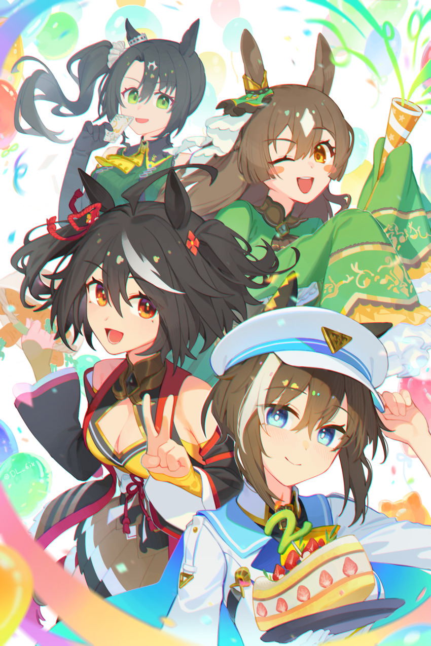 4girls :d ;d ahoge animal_ears ascot basket black_gloves black_hair blue_eyes brown_ascot brown_eyes brown_hair brown_skirt cake carrot cheval_grand_(umamusume) cleavage_cutout clothing_cutout commentary_request detached_sleeves dl_(dl_6ix) dress ear_ornament elbow_gloves food gloves green_dress green_eyes green_sweater hair_between_eyes half_updo hat hat_belt highres holding holding_basket holding_food holding_party_popper horse_ears horse_girl jacket kitasan_black_(umamusume) long_hair long_sleeves looking_at_viewer multicolored_hair multiple_girls necktie one_eye_closed open_mouth party_popper peaked_cap pleated_skirt red_eyes ribbed_sweater rope satono_crown_(umamusume) satono_diamond_(umamusume) shimenawa short_hair side_ponytail skirt sleeveless sleeveless_sweater sleeves_past_fingers sleeves_past_wrists smile strawberry_cake streaked_hair sweater umamusume v white_hair white_hat white_jacket yellow_necktie