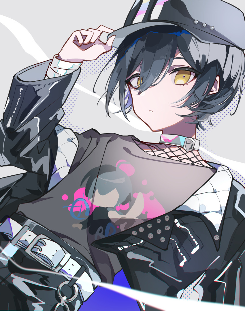 1boy a_sa_gohan absurdres adjusting_clothes adjusting_headwear belt bishounen black_hair black_jacket buttons choker commentary danganronpa_(series) danganronpa_v3:_killing_harmony eyelashes fishnet_top fishnets grey_background hand_up hat highres jacket male_focus off_shoulder official_alternate_costume open_clothes open_jacket pants polka_dot_outline print_shirt saihara_shuichi shirt short_hair solo upper_body white_belt white_choker yellow_eyes