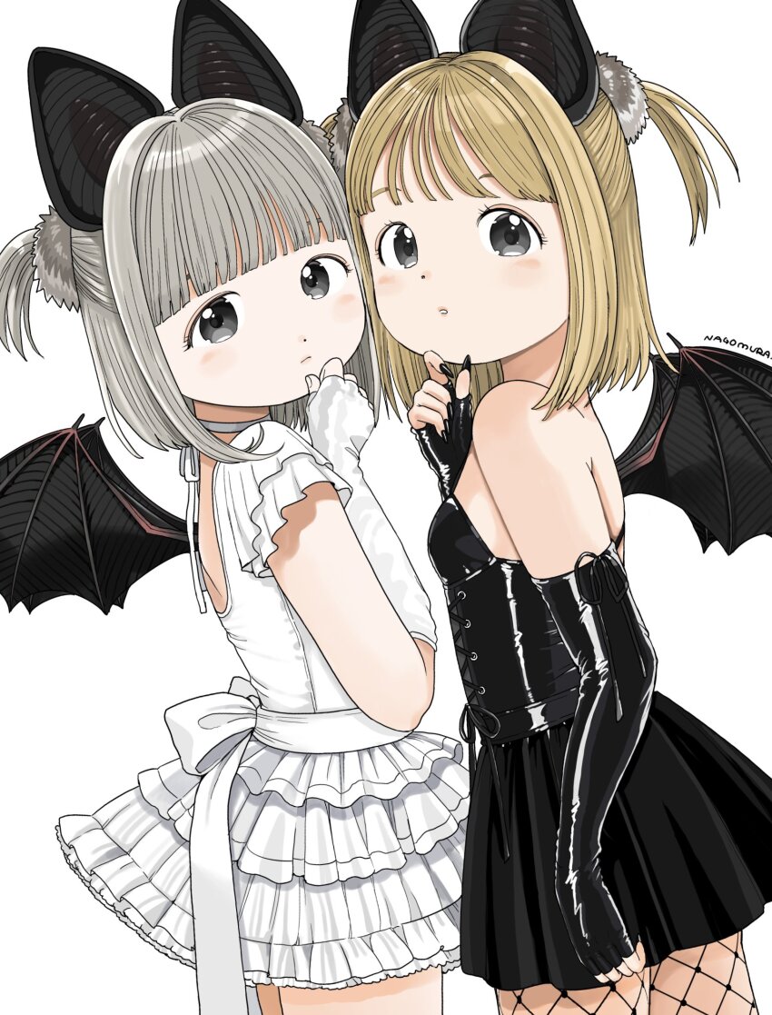 2girls :o animal_ears arm_at_side artist_name backless_dress backless_outfit bare_shoulders bat_ears bat_girl bat_wings black_dress black_gloves black_nails blonde_hair blunt_bangs blush bow breasts choker cowboy_shot dot_nose dress elbow_gloves expressionless fingerless_gloves fishnet_pantyhose fishnets frilled_dress frills from_side gloves grey_eyes grey_hair hand_on_own_chin hand_up heads_together highres latex layered_dress looking_at_viewer looking_to_the_side medium_hair multiple_girls nagomurasan original pantyhose short_dress short_sleeves simple_background sleeveless sleeveless_dress small_breasts standing strapless strapless_dress tareme two_side_up white_background white_bow white_choker white_dress white_gloves wings