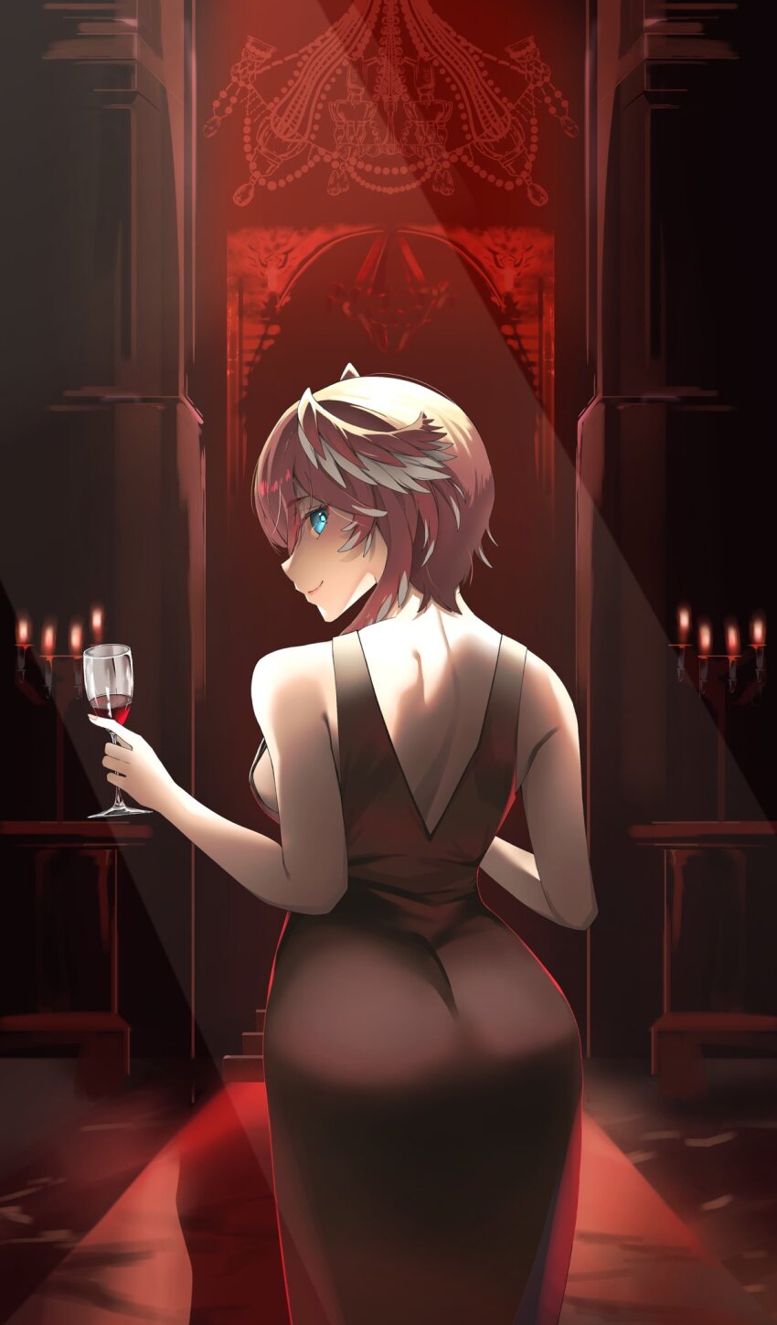 1girl alcohol blue_eyes breasts cup dress drinking_glass hair_between_eyes head_wings highres hololive large_breasts na_nu_017 pink_hair red_dress short_hair smile solo takane_lui virtual_youtuber wine wine_glass wings