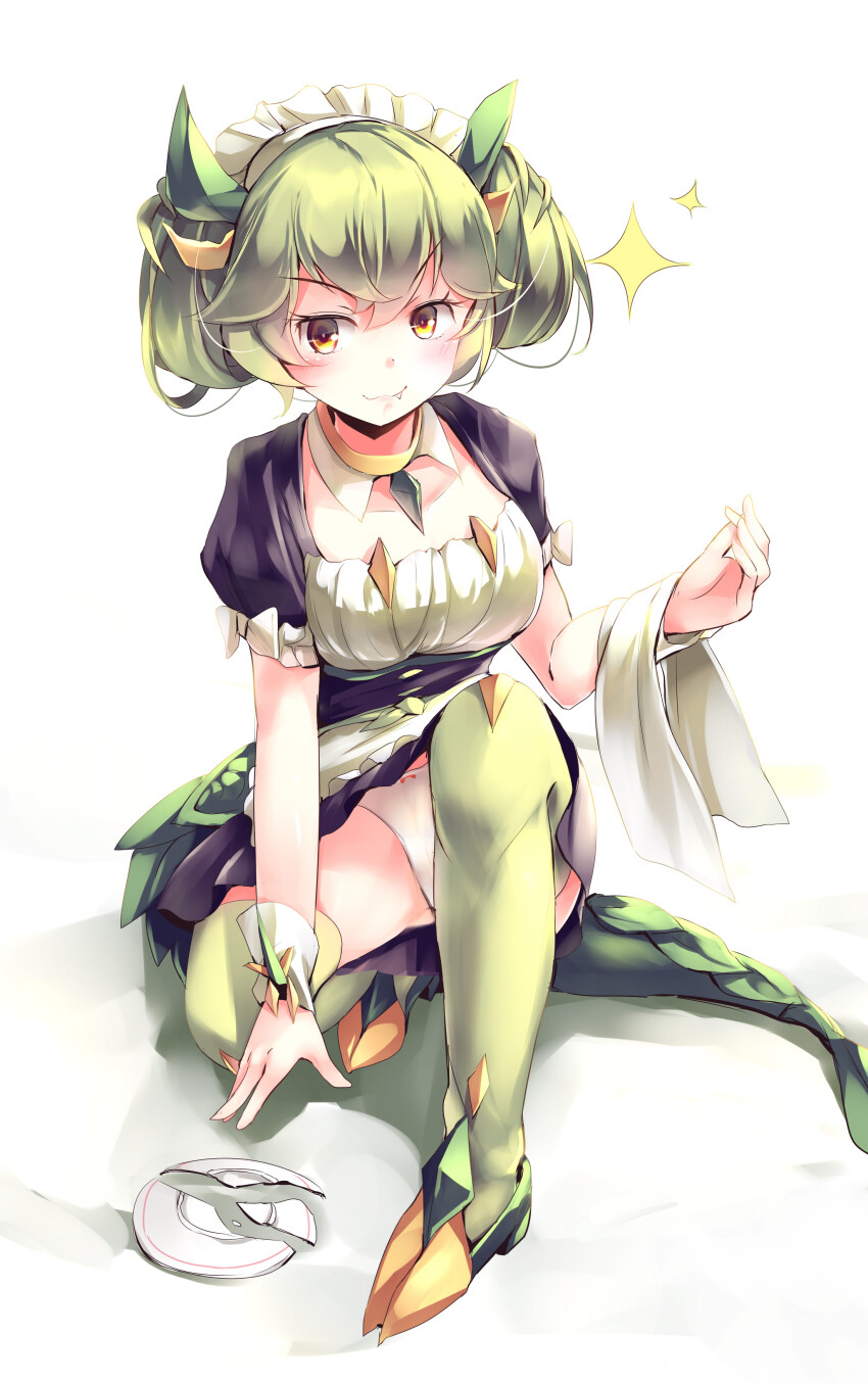 1girl absurdres apron blush breasts broken_plate closed_mouth collarbone detached_collar dragon_girl dragon_horns dragon_tail duel_monster frilled_apron frills green_hair highres horns kanzakietc large_breasts leaf maid maid_apron maid_headdress orange_eyes panties parlor_dragonmaid plate polka_dot polka_dot_panties simple_background smile solo sparkle tail thighhighs twintails underwear waist_apron white_apron white_background white_panties wrist_cuffs yu-gi-oh!