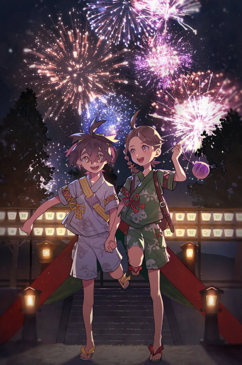 1boy 1girl absurdres backpack bag black_hair blush braid brown_hair commentary creatures_(company) fireworks game_freak hair_between_eyes hetero highres holding holding_hands honyaru_(nanairo39) japanese_clothes juliana_(pokemon) kieran_(pokemon) lantern leg_up mole mole_on_neck multicolored_hair night nintendo open_mouth outdoors pink_hair pokemon pokemon_sv sky symbol-only_commentary tree yellow_eyes