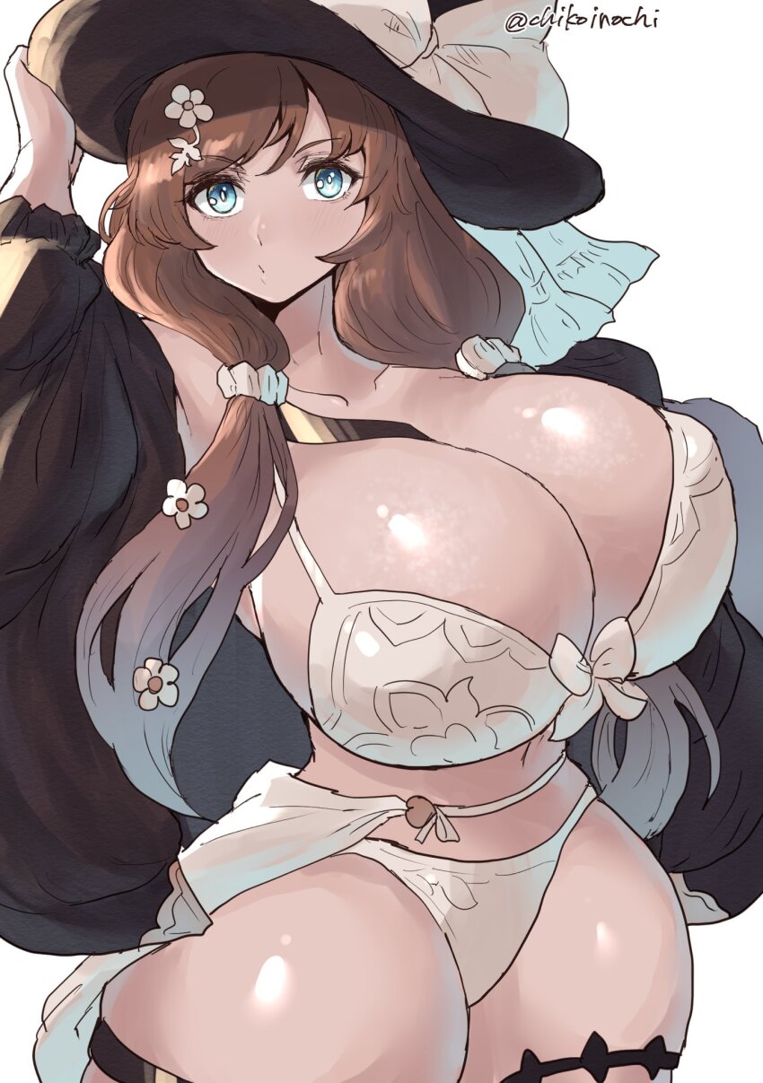 1girl aqua_eyes bikini breasts brown_hair chikoinochi commentary_request flower flower_hairpin hair_flower hair_ornament hand_on_headwear highres huge_breasts raziel_(granblue_fantasy) raziel_(summer)_(granblue_fantasy) signature solo swimsuit thick_thighs thighs white_bikini