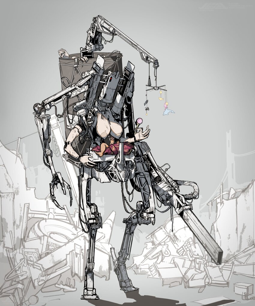 1other absurdres arm_cannon artist_logo baby breasts digitigrade extra_arms full_body grey_background highres joints juerucj large_breasts mechabare mobile nipples original rattle robot robot_joints ruins severed_limb swaddled weapon