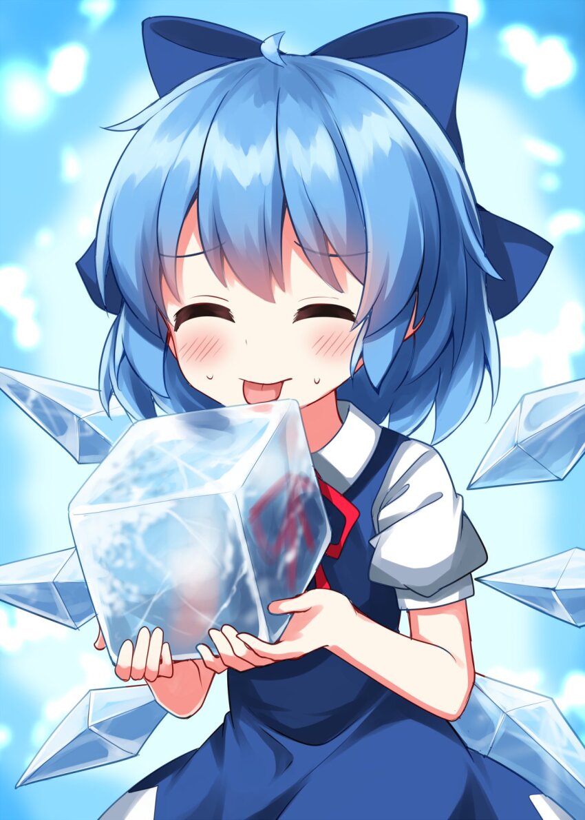 1girl blue_background blue_bow blue_dress blue_hair blush bow cirno closed_eyes collared_shirt commentary_request cowboy_shot detached_wings dress hair_bow highres holding ice ice_cube ice_wings licking neck_ribbon pinafore_dress puffy_short_sleeves puffy_sleeves red_ribbon ribbon ruu_(tksymkw) shirt short_hair short_sleeves sleeveless sleeveless_dress solo standing tongue tongue_out tongue_stuck_frozen touhou white_shirt wings