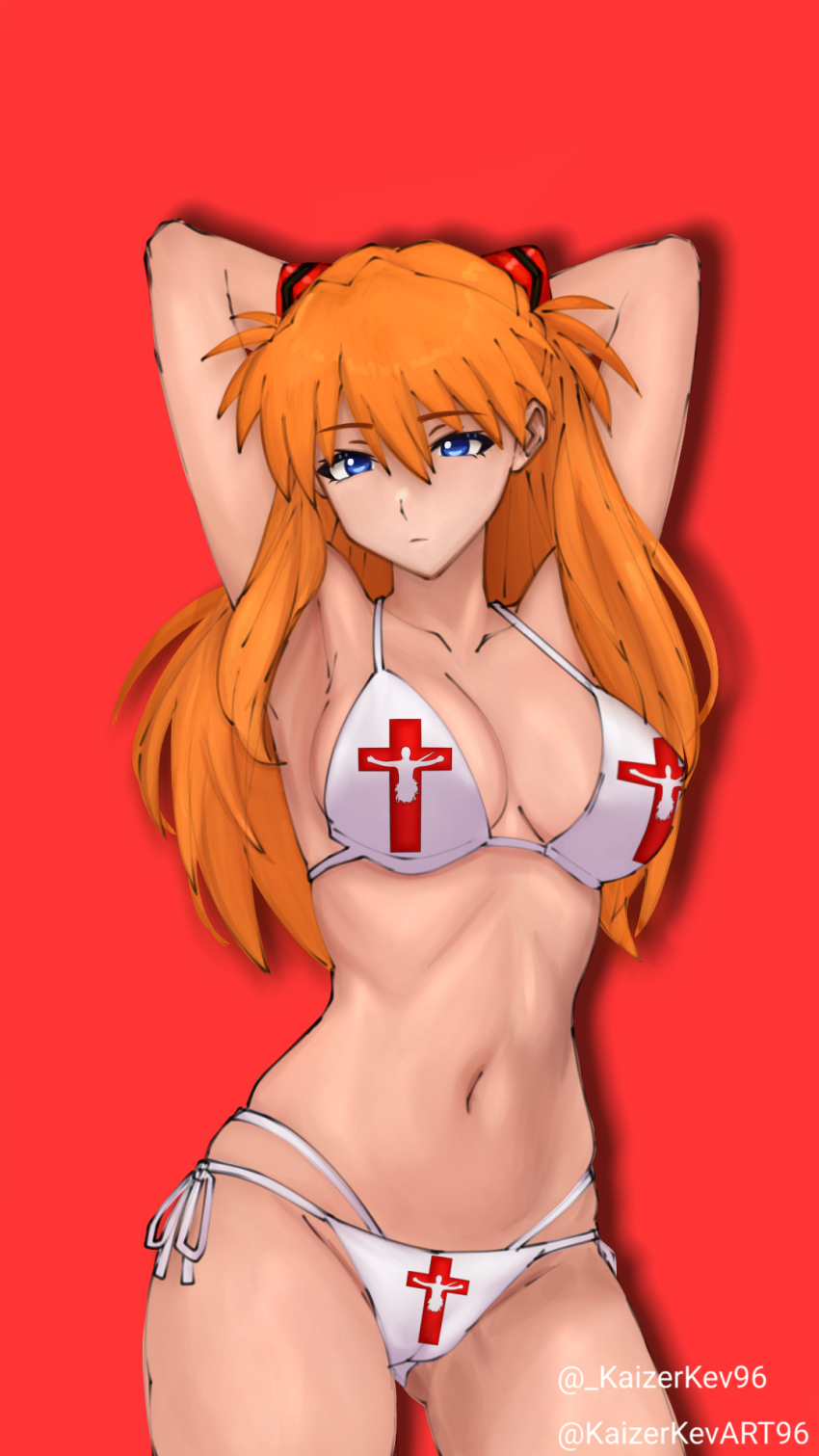 1girl armpits arms_behind_head artist_name bikini breasts cameltoe cleavage cross cross_print half-closed_eyes highres large_breasts legs long_hair looking_at_viewer navel neon_genesis_evangelion orange_hair red_cross seductive_gaze side-tie_bikini_bottom solo souryuu_asuka_langley swimsuit thighs twintails white_bikini