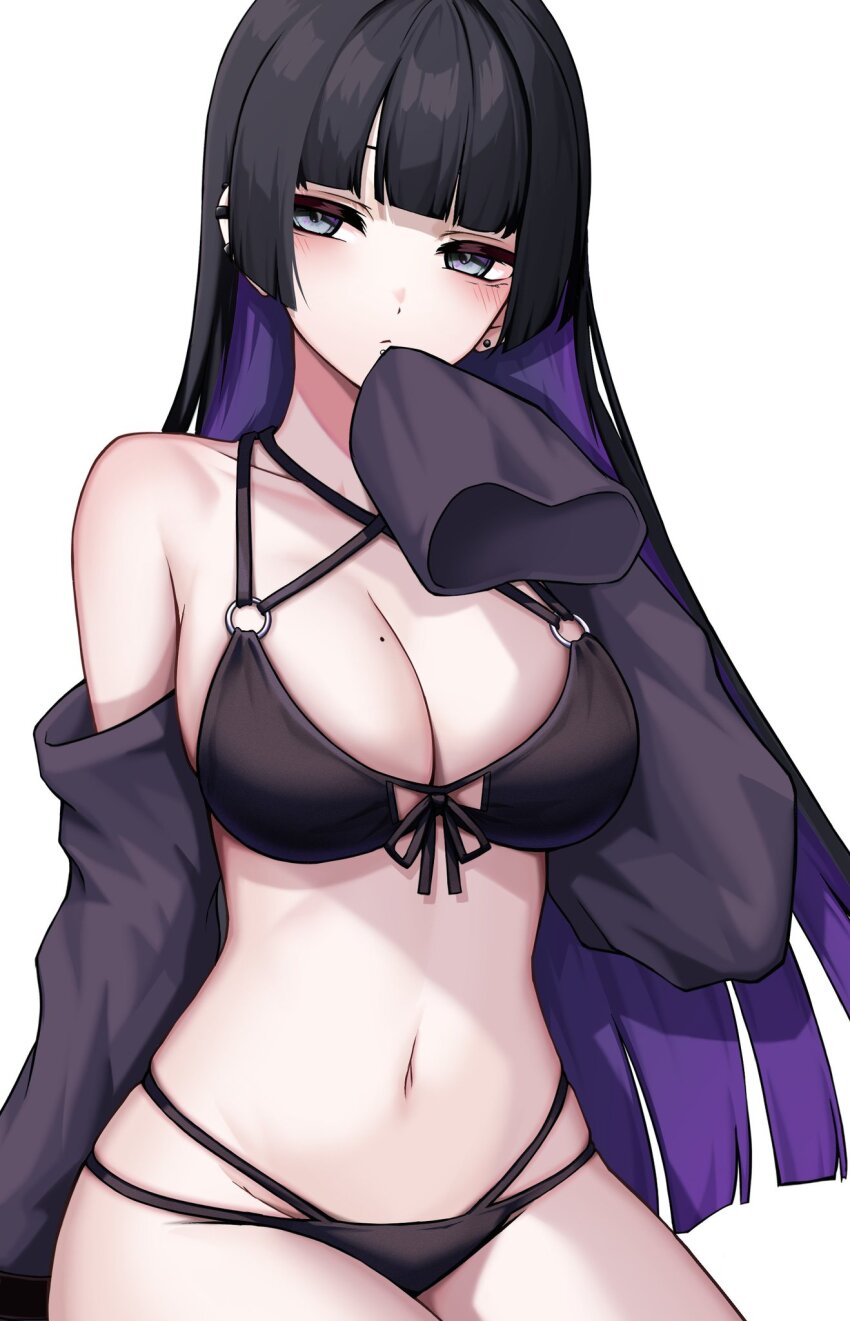 1girl bare_shoulders bikini black_bikini black_hair blue_eyes blunt_bangs bocchi_the_rock! breasts cleavage closed_mouth colored_inner_hair cowboy_shot detached_sleeves ear_piercing expressionless front-tie_bikini_top front-tie_top hand_up highres kushinaka large_breasts long_hair long_sleeves looking_at_viewer mole mole_on_breast multi-strapped_bikini_bottom multi-strapped_bikini_top multicolored_hair navel o-ring o-ring_bikini pa-san piercing purple_hair simple_background sleeves_past_fingers sleeves_past_wrists solo stomach string_bikini swimsuit two-tone_hair very_long_hair white_background