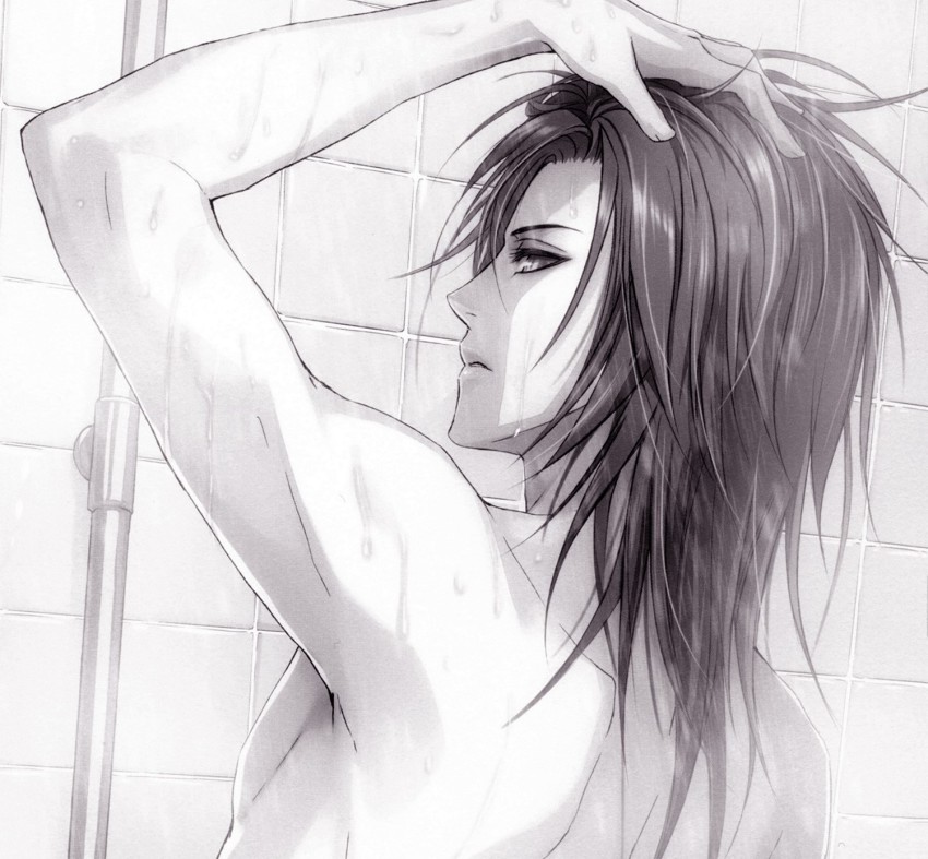 1boy alvaro_garay black_hair highres long_hair male_focus red_eyes shower solo wand_of_fortune water