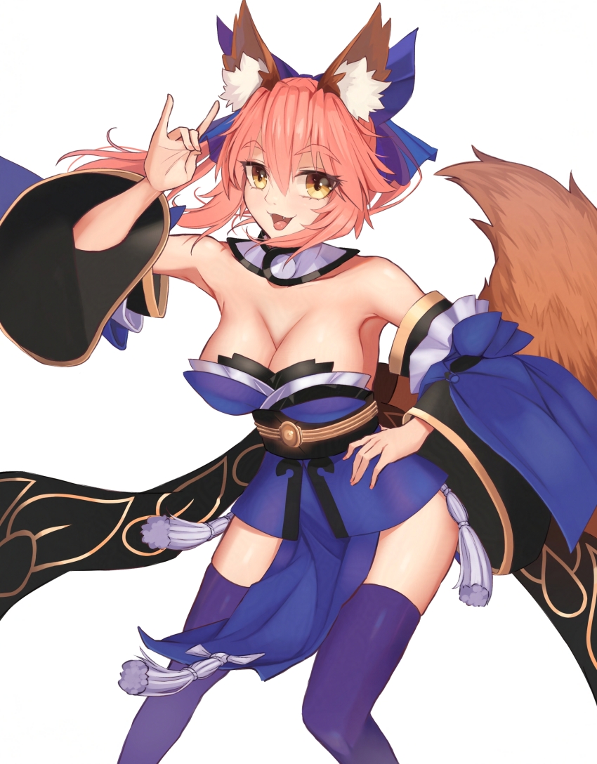 1girl absurdres animal_ear_fluff animal_ears bare_shoulders blue_bow blue_kimono blue_thighhighs bow breasts cleavage detached_collar detached_sleeves fate/extra fate/grand_order fate_(series) fox_ears fox_girl fox_tail hair_between_eyes hair_bow highres japanese_clothes kapi-san kimono large_breasts long_hair looking_at_viewer obi open_mouth pink_hair sash sidelocks smile solo tail tamamo_(fate) tamamo_no_mae_(fate/extra) thighhighs thighs twintails white_background wide_sleeves yellow_eyes