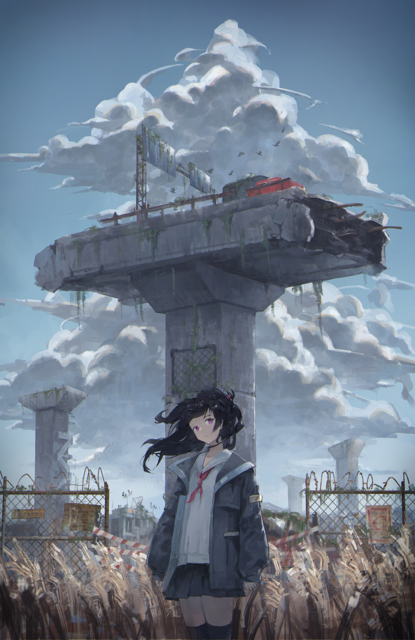 1girl abandoned absurdres black_hair black_thighhighs cloud cloudy_sky day highres jacket long_hair looking_to_the_side neckerchief open_clothes open_jacket original outdoors post-apocalypse purple_eyes radio_antenna red_neckerchief rotarran ruins scenery school_uniform shirt sign sky solo thighhighs warning_sign wheat_field white_shirt