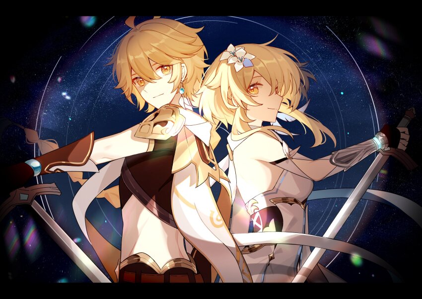 1boy 1girl absurdres aether_(genshin_impact) ahoge arm_armor armor bare_back bare_shoulders belt black_border black_gloves blonde_hair bloom blue_sky border braid breasts brother_and_sister brown_belt brown_gloves brown_pants brown_shirt cape closed_mouth detached_sleeves dress earrings feather_hair_ornament feathers fingerless_gloves flower genshin_impact gloves gold_trim hair_between_eyes hair_flower hair_ornament hand_up highres holding holding_sword holding_weapon hoxino jewelry long_hair long_sleeves looking_at_viewer lumine_(genshin_impact) medium_breasts night night_sky pants scarf shirt short_hair short_sleeves shoulder_armor siblings sidelocks single_earring sky smile standing star_(sky) starry_sky sword weapon white_cape white_dress white_flower white_scarf yellow_eyes