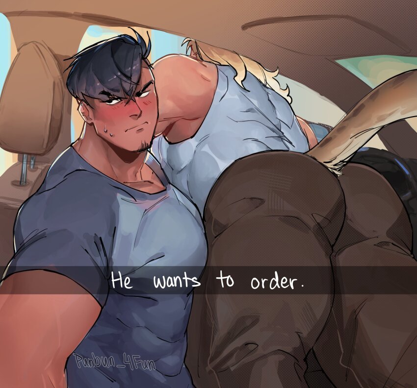 2boys absurdres ass asymmetrical_hair bara blush car_interior car_seat couple dark-skinned_male dark_skin drive-thru english_text facial_hair goatee_stubble he_wants_to_order_(meme) highres kenji_(punbun_4fun) large_pectorals lying_on_person male_focus meme multiple_boys muscular muscular_male original pants pectorals punbun_4fun selfie shirt short_hair shy sidecut snapchat steering_wheel stubble sweatdrop thick_eyebrows tight_clothes tight_shirt undercut vehicle_interior yaoi zephyr_(punbun_4fun)