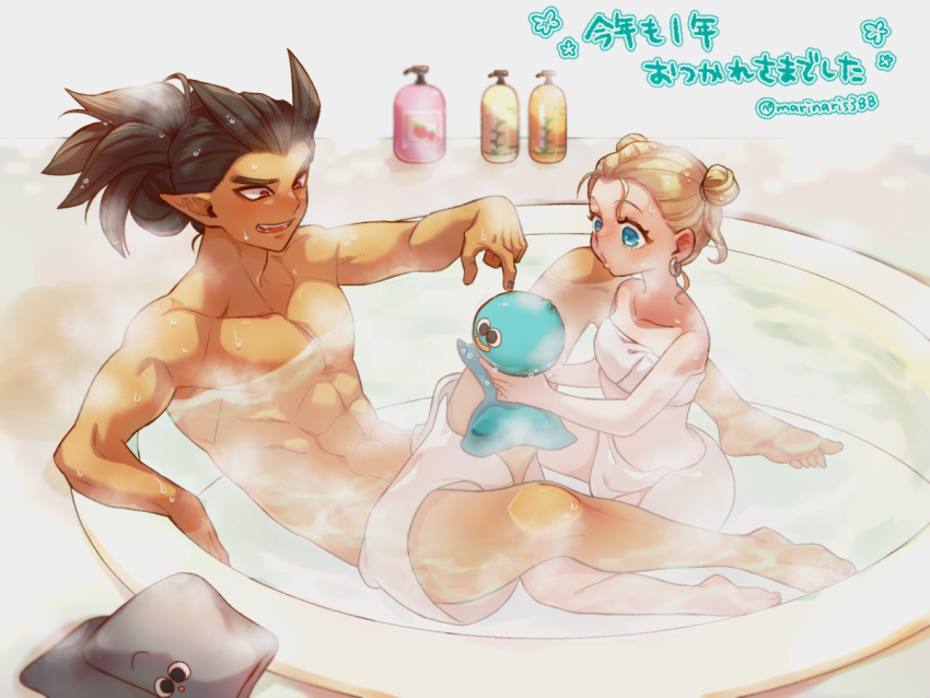 1boy 1girl abs aqua_eyes barefoot bath black_nails blonde_hair brown_hair commentary_request couple dark-skinned_male dark_skin double_bun dragon_quest dragon_quest_builders_2 earrings fangs female_builder_(dqb2) flat_chest hair_bun hair_horns hetero hoop_earrings jewelry kasiwamoti11 metal_slime muscular muscular_male open_mouth pointing pointy_ears red_eyes shared_bathing sidoh_(dqb2) silver_earrings slime_(dragon_quest) spiked_hair topless_male towel_around_waist translation_request twitter_username wet