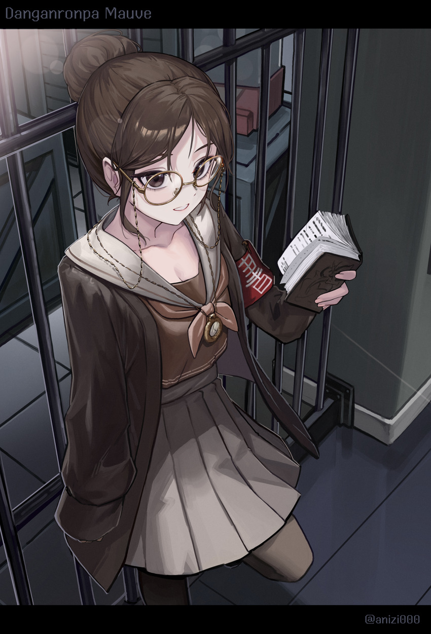 1girl anizi black_jacket book brown_eyes brown_neckerchief brown_pantyhose collarbone danganronpa_(series) glasses grey_sailor_collar grin hair_bun highres holding holding_book jacket long_sleeves looking_at_viewer neckerchief open_book open_clothes open_jacket original pantyhose parted_bangs pleated_skirt sailor_collar short_hair single_hair_bun skirt sleeves_past_wrists smile standing teeth