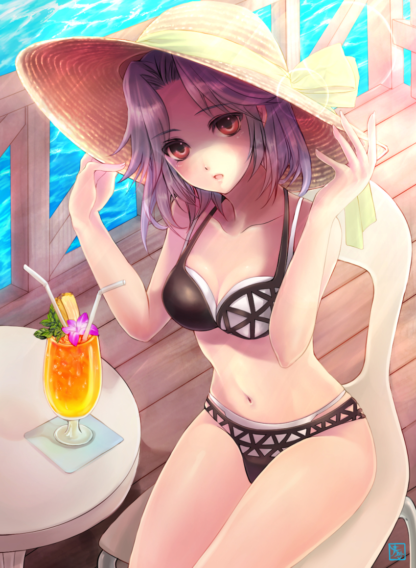 1girl aosuna bikini drink hands_on_headwear hat highres kajiki_yumi navel purple_hair red_eyes saki_(manga) straw_hat sun_hat swimsuit