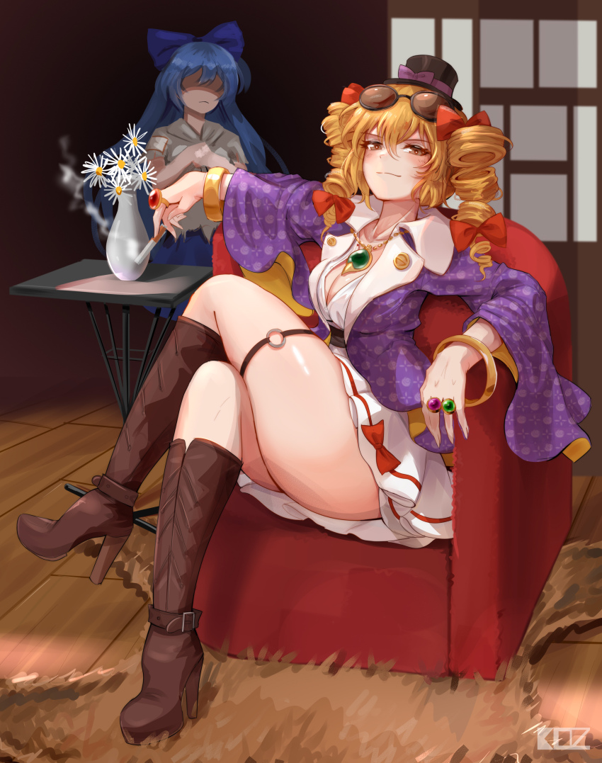 2girls absurdres bare_legs blue_hair boots brown_footwear cigarette closed_mouth coat couch crossed_legs dress edz_drawz high_heel_boots high_heels highres jewelry long_hair multiple_girls orange_eyes orange_hair purple_coat sitting smirk thigh_strap thighs touhou very_long_hair white_dress yorigami_jo&#039;on yorigami_shion