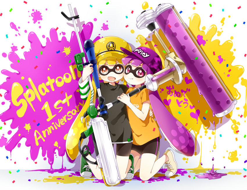 1girl 2girls :d anniversary arm_up baseball_cap black_shorts blunt_bangs blush closed_mouth clothes_writing dripping e-liter_3k_(splatoon) full_body green_footwear gun hat highres holding holding_gun holding_weapon ink_tank_(splatoon) inkling inkling_girl inkling_player_character long_hair long_sleeves looking_at_viewer multiple_girls namori nintendo open_mouth purple_eyes purple_hair purple_hat red_eyes rifle shirt shoelaces shoes short_hair_with_long_locks shorts shorts_under_skirt smile sniper_rifle splatoon_(series) splatoon_1 sweater t-shirt twintails very_long_hair weapon white_background yellow_footwear yellow_hat