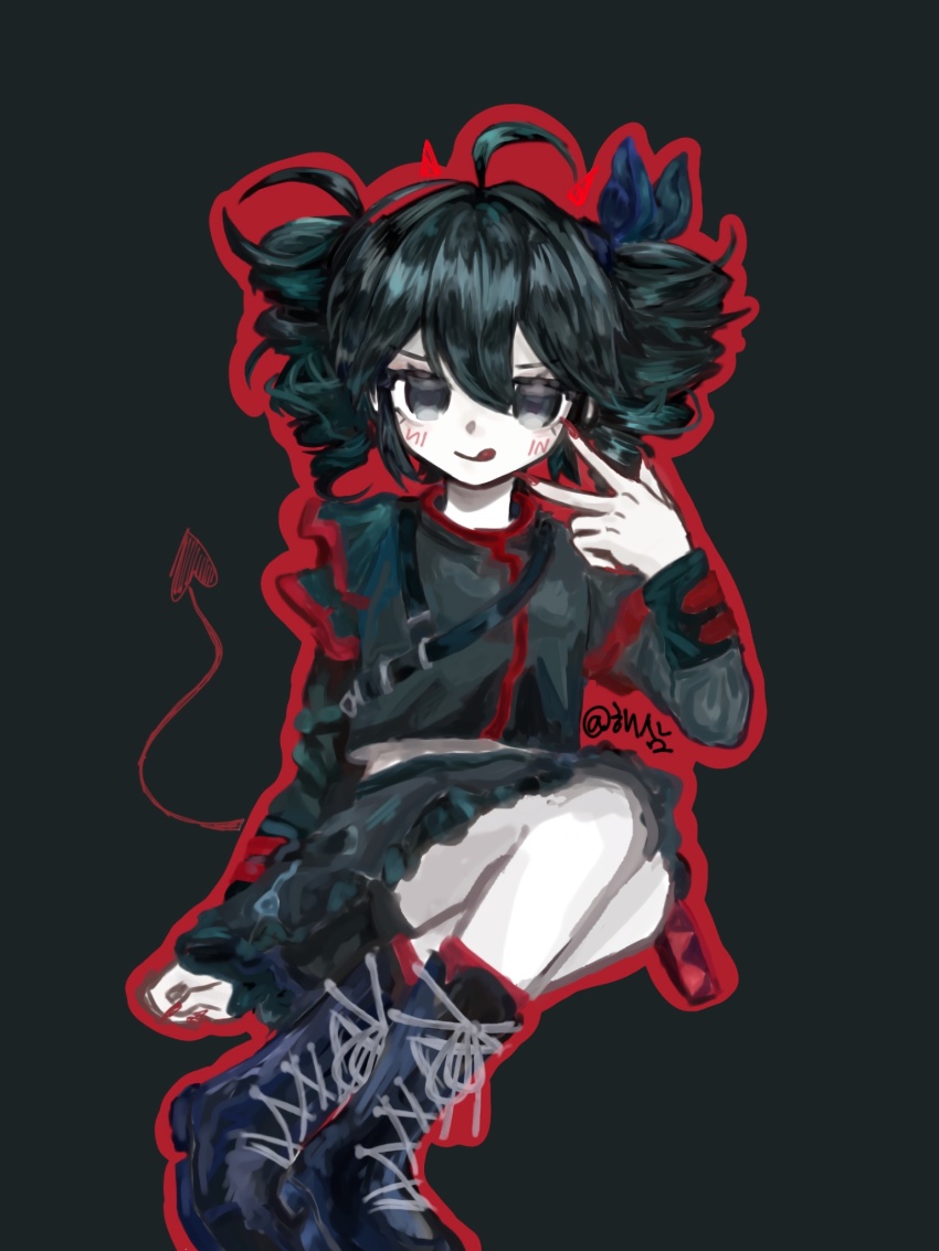 1girl ahoge alternate_eye_color alternate_hair_color black_background black_eyes black_footwear black_hair black_shirt black_skirt blue_ribbon boots cross-laced_footwear demon_horns demon_tail drill_hair frilled_skirt frills hair_between_eyes hair_ribbon hand_up highres horns kasane_teto kasane_teto_(sv) lace-up_boots long_sleeves nail_polish oceansaaand red_nails ribbon shirt short_hair simple_background skirt solo synthesizer_v tail twin_drills w