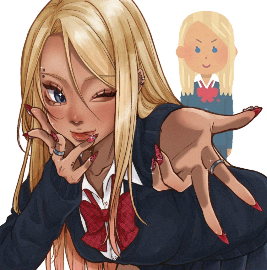 1girl ;p black_cardigan black_skirt blonde_hair blue_eyes bow bowtie breasts cardigan collared_shirt dark-skinned_female dark_skin dress_shirt ear_piercing eyebrow_piercing finger_piercing fingernails gyaru gyaru_v hair_between_eyes highres irasutoya irasutoya_challenge jewelry kogal leaning_forward long_fingernails long_hair long_sleeves looking_at_viewer medium_breasts miniskirt nail_art one_eye_closed piercing plaid_bow plaid_bowtie plaid_clothes pleated_skirt red_bow red_bowtie red_nails reference_inset ring school_uniform semi852 shirt skirt solo sparkle thick_lips tongue tongue_out upper_body v very_long_hair white_background white_shirt wing_collar