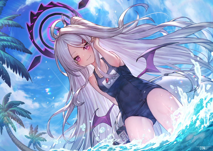 1girl arm_behind_back bare_shoulders black_halo blue_archive blue_one-piece_swimsuit blue_sky blush closed_mouth cloud commentary covered_navel cowboy_shot day dutch_angle halo hand_in_own_hair hand_up highres hina_(blue_archive) hina_(swimsuit)_(blue_archive) jun_wei long_hair looking_at_viewer low_wings official_alternate_costume old_school_swimsuit one-piece_swimsuit outdoors palm_tree pink_eyes school_swimsuit signature simple_bird sky smile solo swimsuit tree very_long_hair water whistle whistle_around_neck white_hair wings