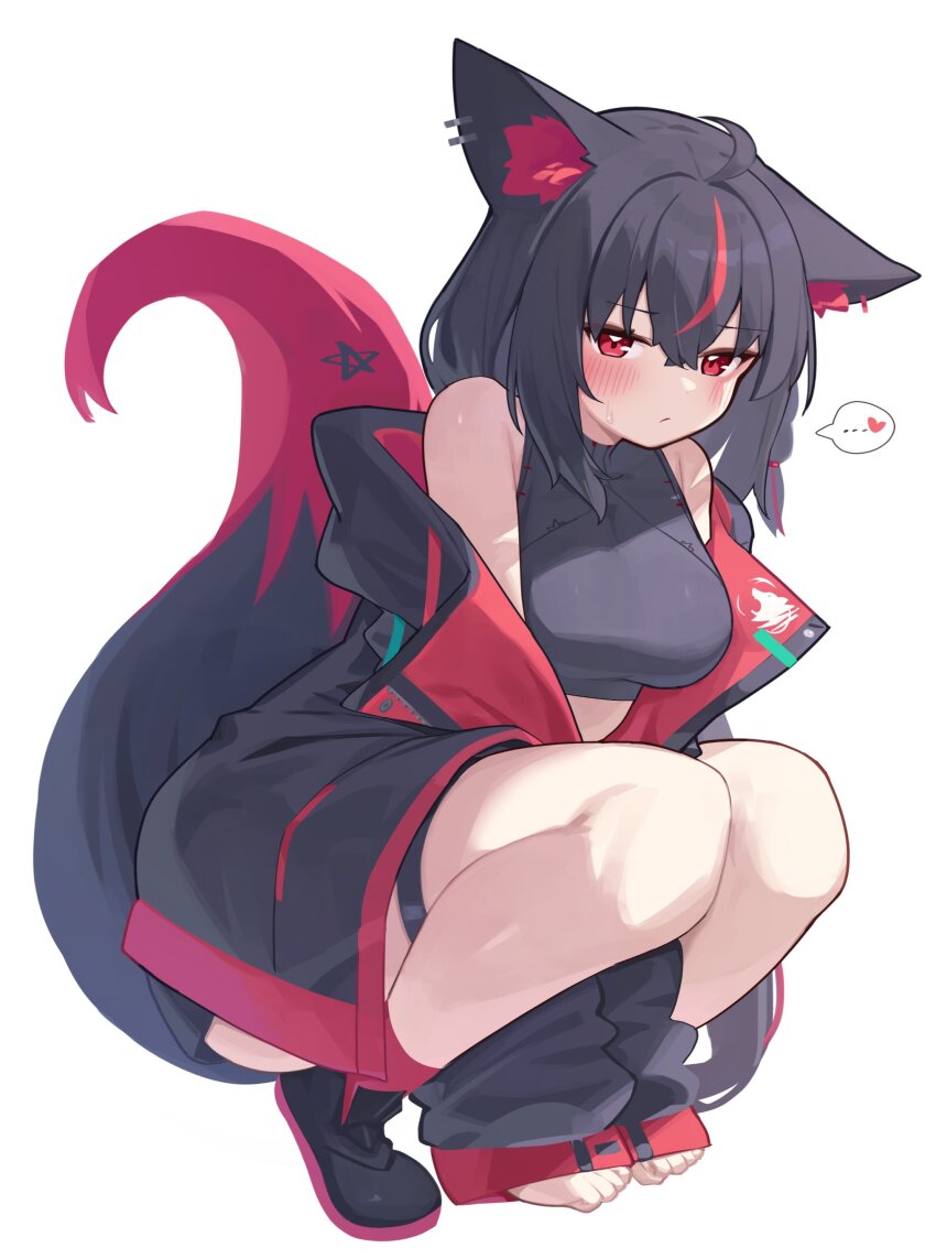 ... 1girl absurdres ahoge animal_ear_fluff animal_ears arms_between_legs black_footwear black_hair black_jacket black_shirt blush braid breasts commentary_request crop_top deaver earrings fox_ears fox_girl fox_tail hair_between_eyes heart highres hololive jacket jewelry kurokami_fubuki long_hair looking_at_viewer medium_breasts multicolored_hair open_clothes open_jacket pentagram red_eyes red_hair shirt sidelocks simple_background single_braid solo spoken_heart squatting streaked_hair tail thigh_strap virtual_youtuber white_background