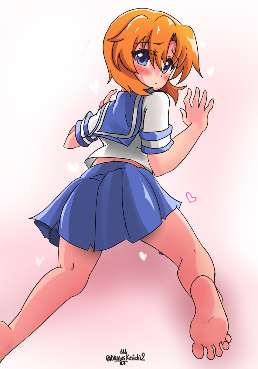 1girl barefoot blue_eyes blush drawskeiichi feet highres higurashi_no_naku_koro_ni looking_at_viewer looking_back medium_hair orange_hair ryuuguu_rena school_uniform serafuku soles toes