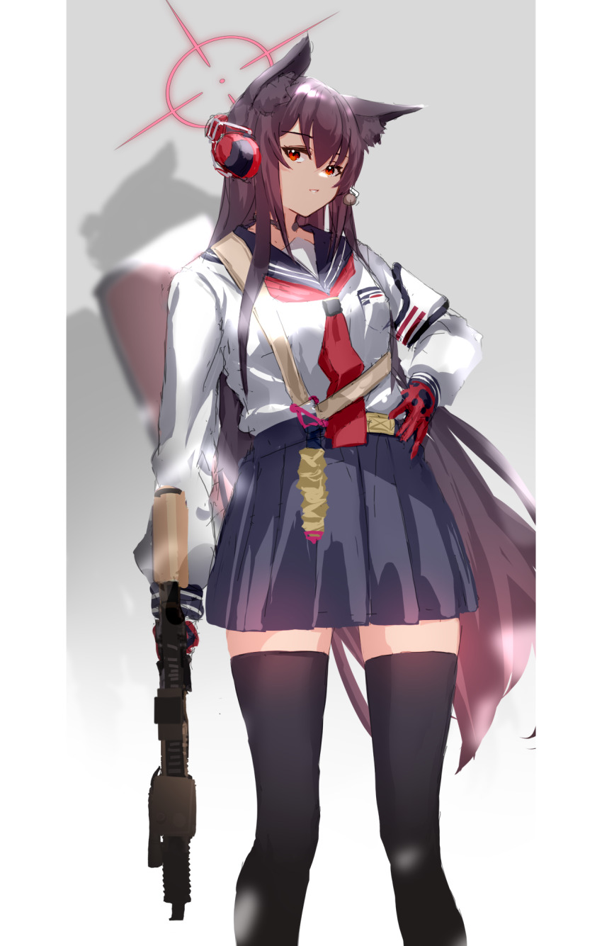 1girl animal_ear_fluff animal_ears black_thighhighs blue_archive blue_sailor_collar blue_skirt commentary english_commentary gloves gradient_background gradient_hair gun halo highres holding holding_gun holding_weapon multicolored_hair pleated_skirt red_eyes red_gloves red_hair red_halo sailor_collar skirt solo thighhighs weapon yacchi_(yxxrem) yukino_(blue_archive)