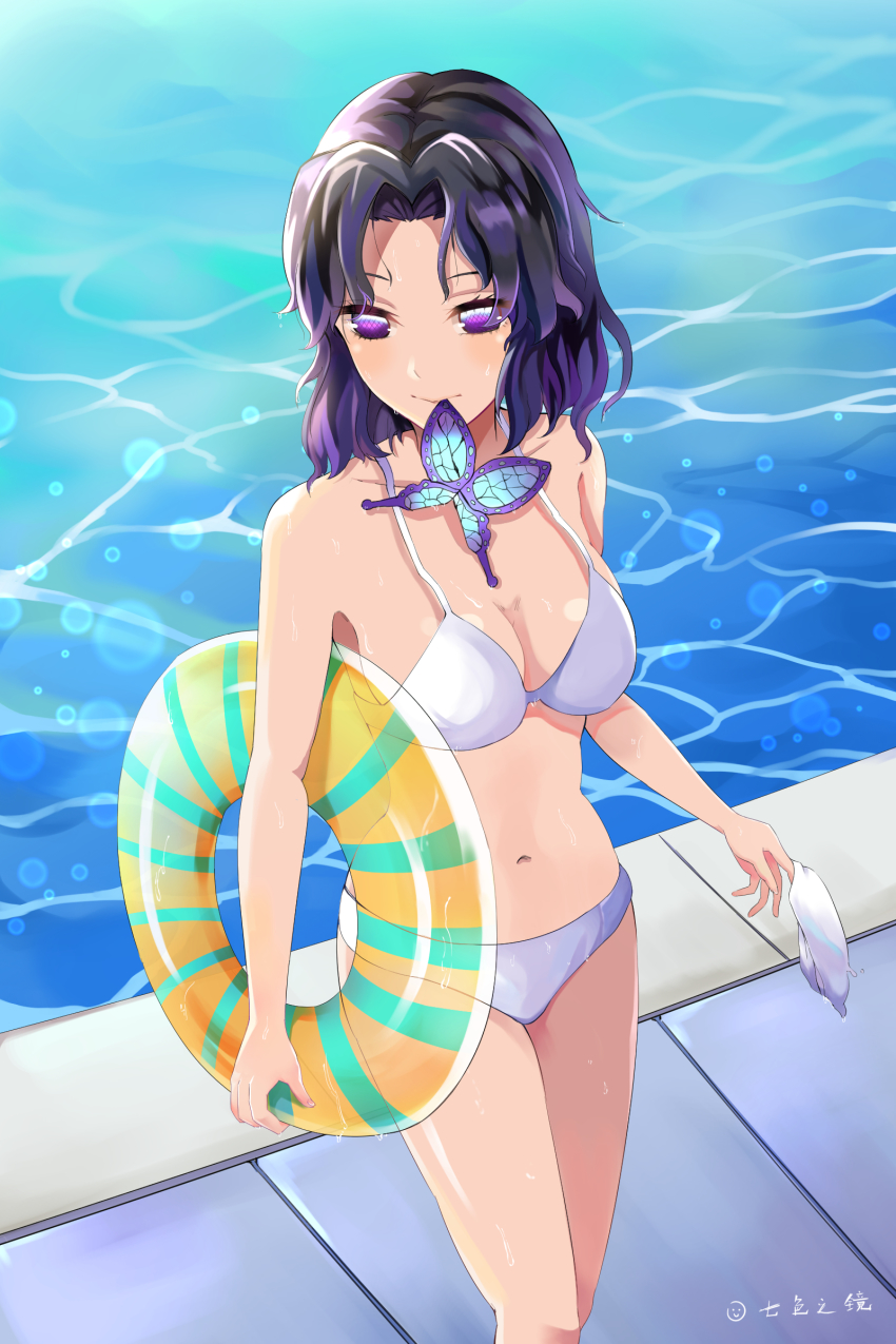 1girl absurdres bare_arms bikini black_hair breasts cleavage closed_mouth collarbone gradient_hair hair_down hair_intakes halterneck highres innertube kimetsu_no_yaiba kochou_shinobu long_hair medium_breasts multicolored_hair navel poolside purple_eyes purple_hair qise_zhijing shiny_skin solo standing swim_ring swimsuit white_bikini