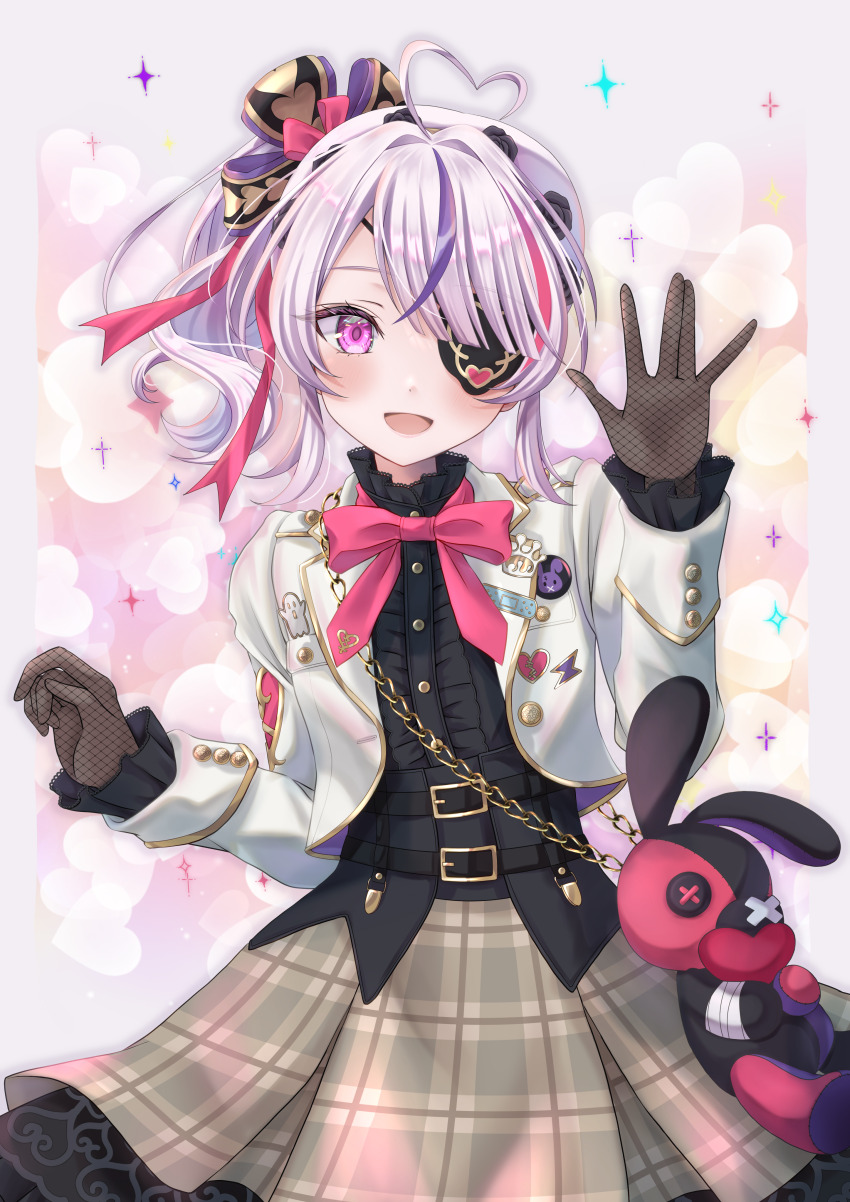 1girl :d absurdres ahoge allymidorikawa badge bag belt belt_buckle black_belt black_shirt border bow bowtie buckle button_badge buttons collar cowboy_shot dress_shirt eyepatch fishnet_gloves fishnets frilled_collar frills gloves gold_trim gradient_background grey_border hand_up happy heart heart_ahoge highres jacket long_skirt looking_at_viewer maria_marionette maria_marionette_(1st_costume) multicolored_hair multiple_belts nijisanji nijisanji_en open_clothes open_hand open_jacket open_mouth outside_border pink_background pink_bow pink_bowtie pink_eyes pink_hair plaid_clothes plaid_skirt pleated_skirt purple_hair shirt shoulder_bag side_ponytail skirt sleeves_past_wrists smile solo sparkle sparkling_aura standing straight-on streaked_hair stuffed_animal stuffed_rabbit stuffed_toy untucked_shirt virtual_youtuber waving white_hair white_jacket