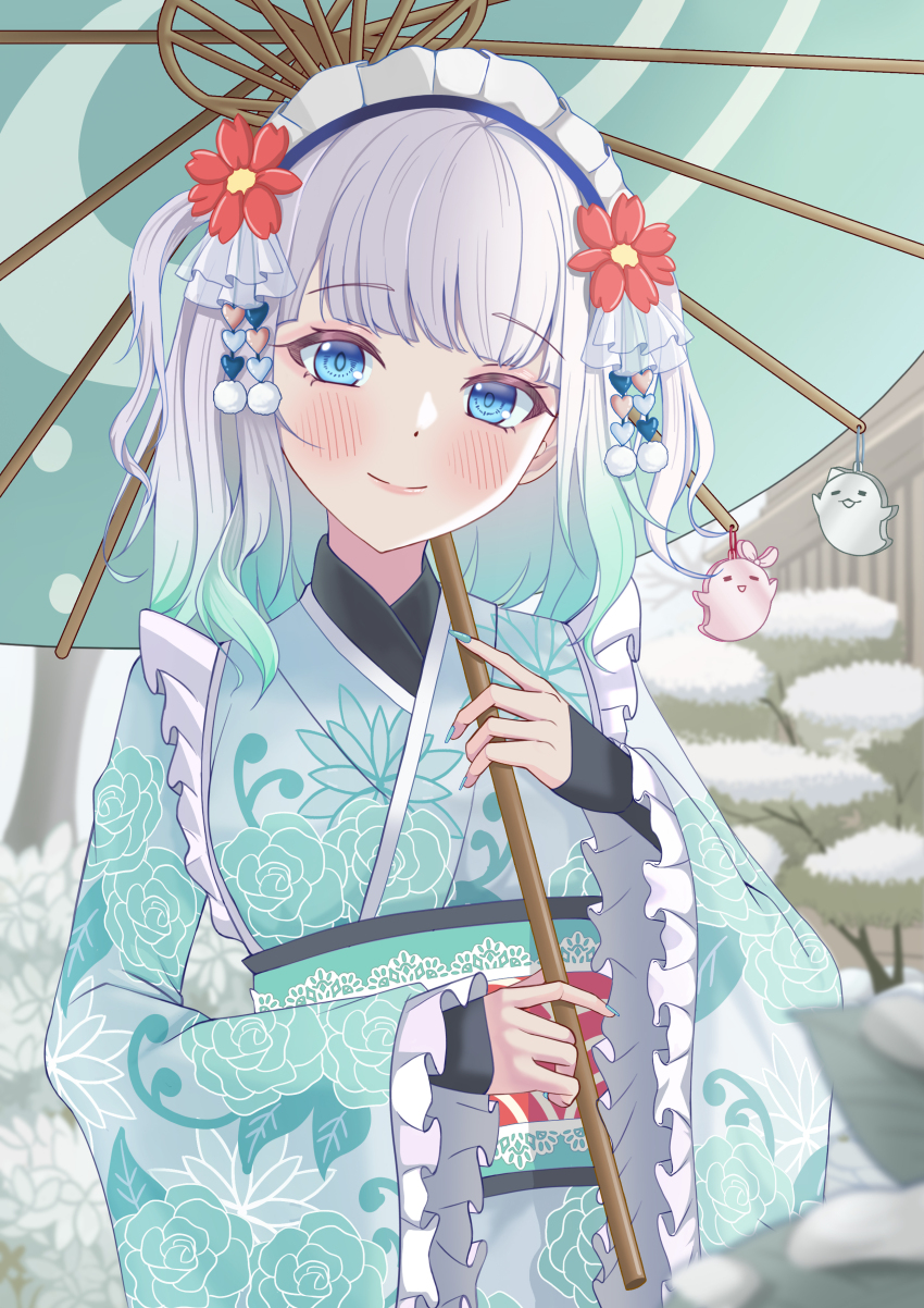 1girl absurdres aqua_hair aqua_kimono aqua_nails black_undershirt blue_eyes blunt_bangs blurry blurry_background blurry_foreground blush commentary floral_print floral_print_kimono flower frilled_kimono frills furisode gradient_hair grey_eyes hair_ornament highres holding holding_umbrella indie_virtual_youtuber japanese_clothes kanzashi kimono layered_kimono light_smile lips looking_at_viewer maid_headdress medium_hair mint_fantome mint_fantome_(minto_2.0) multicolored_hair obi obiage obijime oil-paper_umbrella sash snow solo standing tree tsumami_kanzashi two_side_up umbrella upper_body white_flower white_headdress william-reon winter