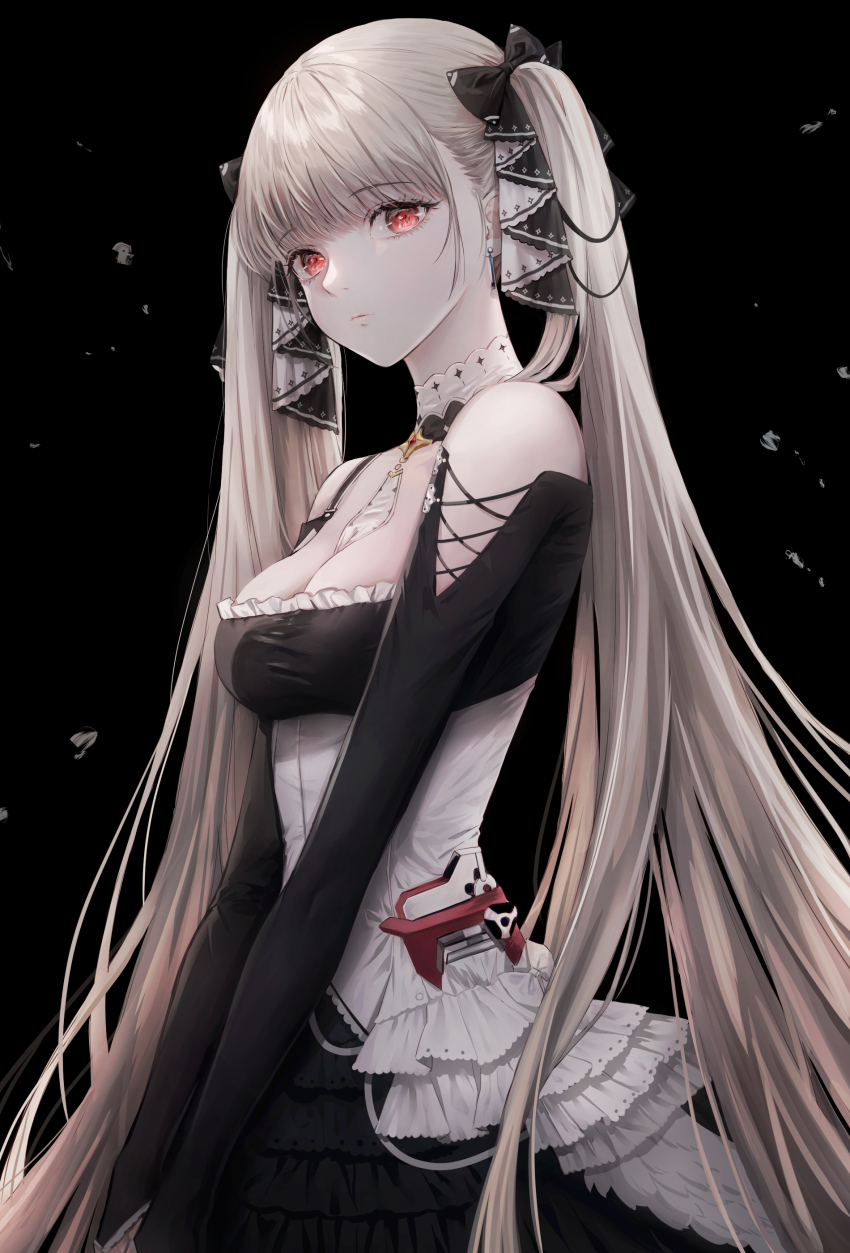 1girl absurdres azur_lane bad_id bad_pixiv_id bare_shoulders black_background black_dress black_ribbon breasts cleavage closed_mouth collar commentary_request corset cowboy_shot detached_collar dress dress_straps earrings expressionless formidable_(azur_lane) frilled_dress frills goth_fashion gothic_lolita hair_ornament hair_ribbon head_tilt highres jewelry lolita_fashion long_hair looking_at_viewer medium_breasts multicolored_clothes multicolored_dress own_hands_together pale_skin platinum_blonde_hair red_eyes ribbon simple_background solo tagme take_heart7 twintails very_long_hair very_long_sleeves white_dress white_ribbon