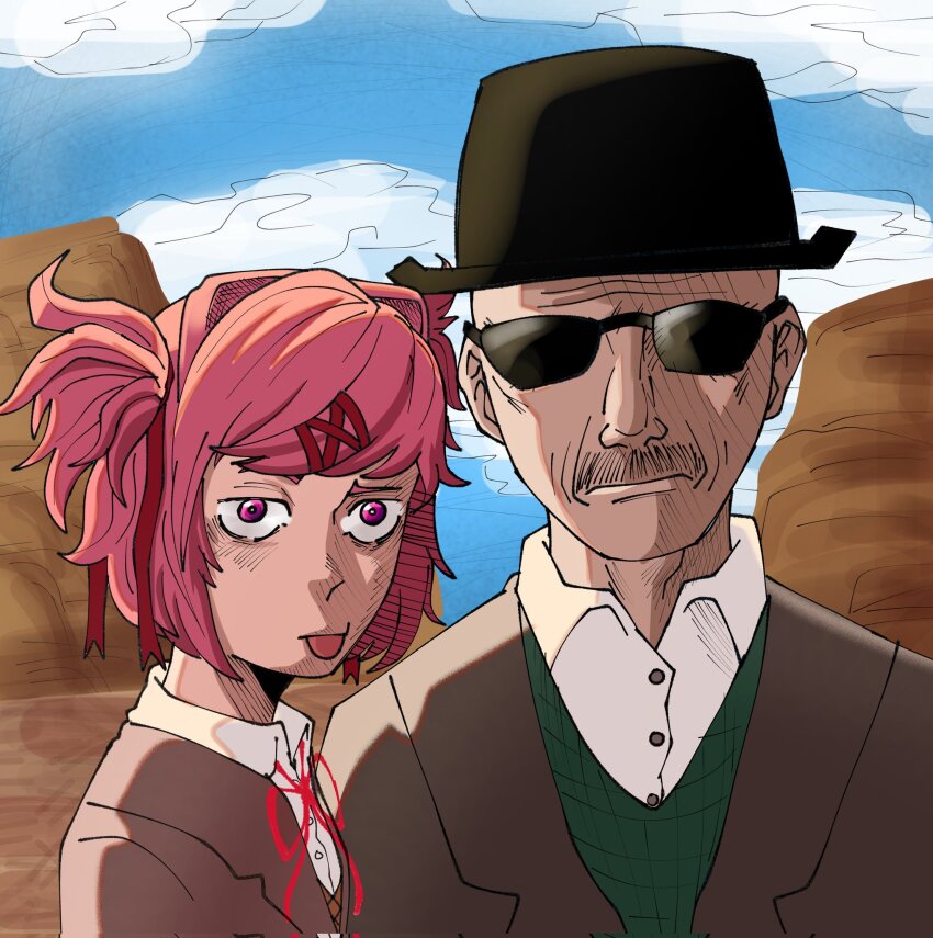 breaking_bad crossover doki_doki_literature_club facial_hair glasses hat highres mixerplayz69 mustache_stubble natsuki_(doki_doki_literature_club) pink_eyes pink_hair stubble tongue tongue_out walter_white