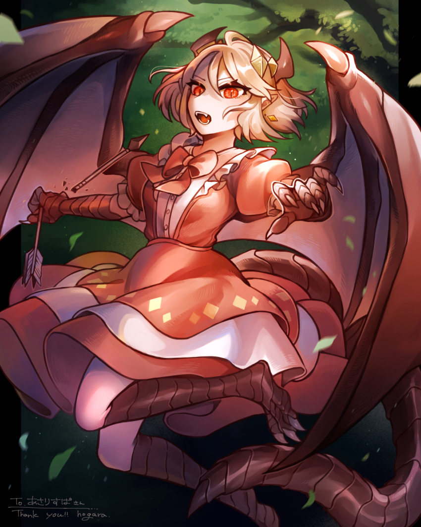 1girl animal_feet animal_hands arrow_(projectile) blonde_hair breaking claws commentary_request dragon_girl dragon_horns dragon_tail dragon_wings dress fangs flying forest full_body green_background highres hogara horns looking_at_viewer monster_girl nature original outdoors puffy_short_sleeves puffy_sleeves red_dress red_eyes short_hair short_sleeves slit_pupils solo tail wings