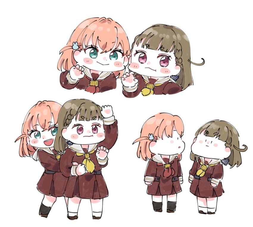 2girls :&gt; :d :| aqua_eyes arm_up black_socks blush blush_stickers braid brown_dress brown_footwear brown_hair center-flap_bangs chibi chibi_only closed_mouth commentary crossed_bangs dress hair_ornament hasu_no_sora_school_uniform hinoshita_kaho kachimachi_kosuzu link!_like!_love_live! long_hair long_sleeves love_live! medium_dress medium_hair moso_(expect66) multiple_girls multiple_views neckerchief open_mouth orange_hair pink_eyes pleated_dress rabbit_hair_ornament red_neckerchief sailor_collar sailor_dress school_uniform shoes short_eyebrows side_ahoge side_braids sideways_mouth simple_background smile socks straight_hair symbol-only_commentary teeth thick_eyebrows two_side_up upper_teeth_only v-shaped_eyebrows virtual_youtuber white_background white_sailor_collar white_socks winter_uniform yellow_neckerchief |_|