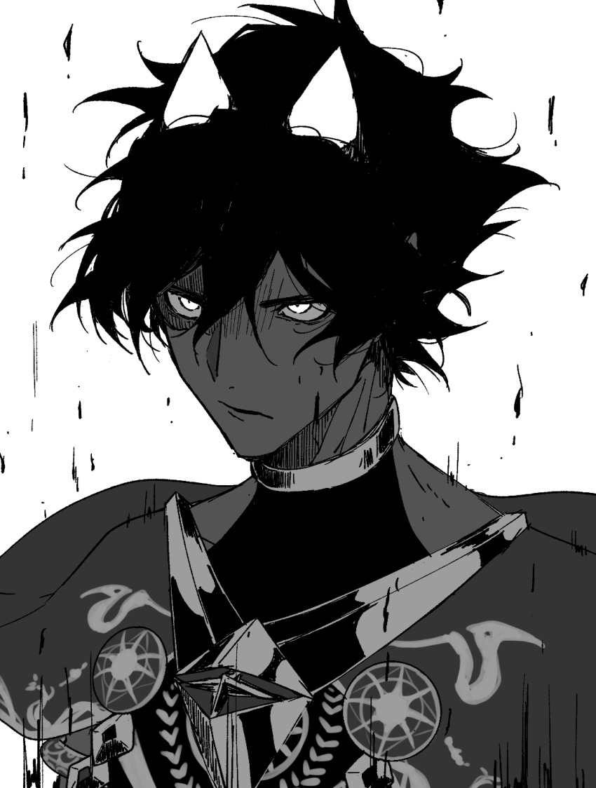 1boy angry arjuna_(fate) arjuna_alter_(fate) black_hair capelet dark-skinned_male dark_skin fate/grand_order fate_(series) fuka_(hk_nemo) glowing glowing_eyes glowing_horns greyscale hair_between_eyes highres horns jewelry looking_at_viewer male_focus monochrome serious simple_background solo upper_body white_background