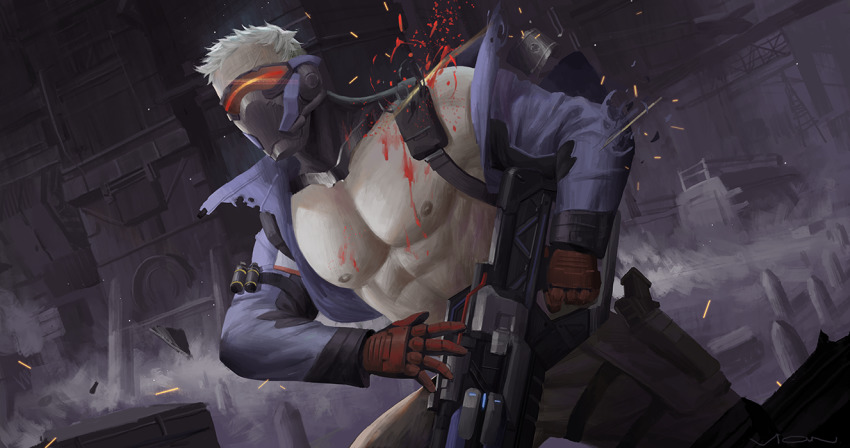 1boy abs bara blood blood_splatter fighting_stance gauntlets glowing jacket male_focus mask muscular nipples overwatch overwatch_1 pants pectorals soldier:_76_(overwatch) solo torn_clothes vian visor weapon_request white_hair