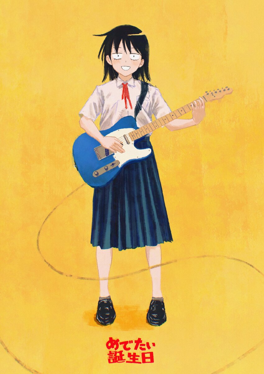 1girl :d absurdres black_footwear black_hair blue_skirt blush cable collared_shirt commentary_request dress_shirt electric_guitar fender_telecaster fracoco full_body futsuu_no_keion-bu guitar guitar_strap hatono_chihiro highres holding holding_guitar holding_instrument holding_plectrum instrument loafers looking_at_viewer neck_ribbon open_mouth pleated_skirt plectrum red_ribbon ribbon sanpaku school_uniform second-party_source shirt shirt_tucked_in shoes short_hair short_sleeves side_ahoge skirt smile solo standing white_shirt wing_collar yellow_background