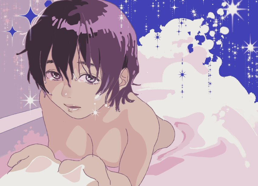 1girl bathing bathtub breasts highres holding_water lips looking_at_viewer make_heroine_ga_oo_sugiru! medium_breasts nude ootsuka_moto parted_lips partially_submerged purple_eyes purple_hair short_hair solo upper_body wet wet_hair yakishio_lemon