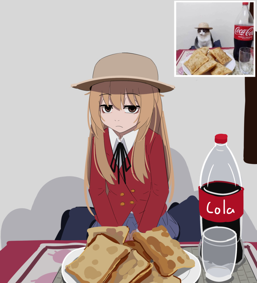 1girl aisaka_taiga black_ribbon blue_skirt brown_eyes buttons cola commentary double-breasted empty_eyes english_commentary food frown glass hat highres indoors jacket jitome kurokimoko long_hair long_sleeves looking_at_viewer neck_ribbon photo-referenced photo_inset pillow placemat plastic_bottle plate red_jacket ribbon school_uniform sitting skirt solo table toradora!