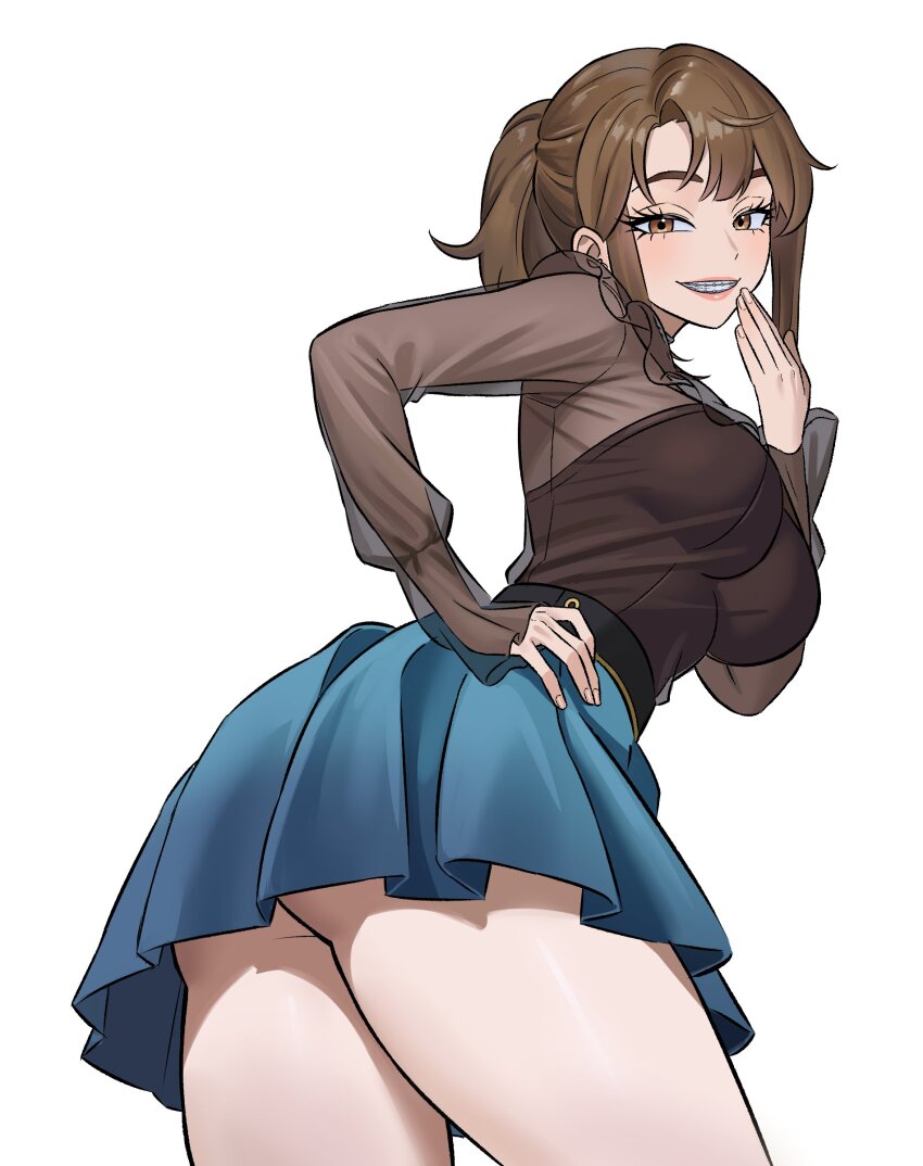 1girl absurdres ass bent_over blue_skirt braces breasts brown_eyes brown_hair brown_shirt frilled_shirt frills from_behind hand_on_own_face hand_on_own_hip highres looking_at_viewer medium_hair original ponytail shirt skirt thighs zeon_(zzeeonn)