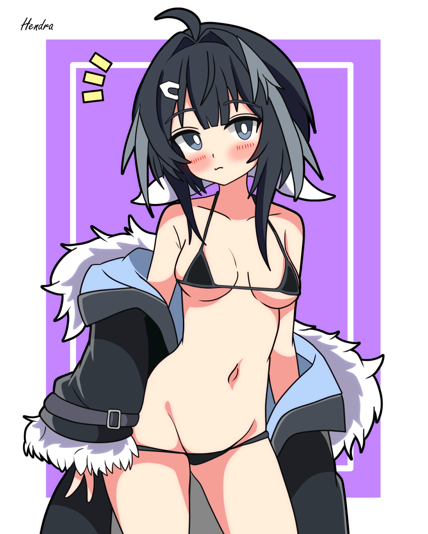 1girl absurdres ahoge animal_ears arknights artist_name bare_shoulders bikini bird_ears bird_girl black_bikini black_eyes black_hair black_jacket blush border breasts breasts_apart bright_pupils closed_mouth collarbone commentary_request cowboy_shot feather_hair fur-trimmed_jacket fur-trimmed_sleeves fur_trim grey_hair groin hair_intakes hair_ornament hairclip halterneck hendra highres jacket la_pluma_(arknights) long_sleeves looking_at_viewer lowleg lowleg_bikini medium_breasts micro_bikini multicolored_hair navel notice_lines off_shoulder open_clothes open_jacket outside_border purple_background short_hair signature sleeves_past_wrists solo stomach swimsuit white_border white_pupils